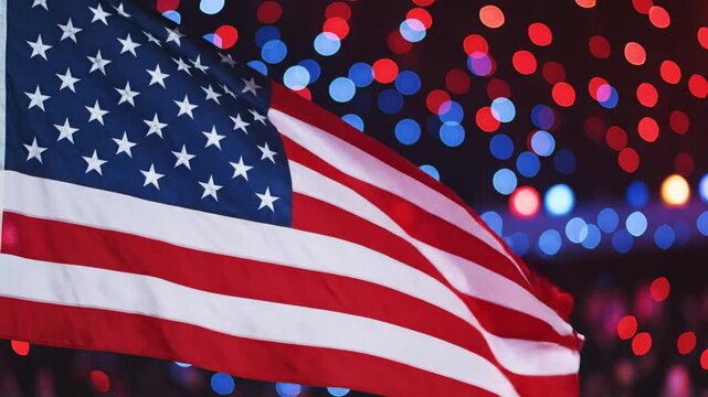 USA flag fluttering against red and blue bokeh lights