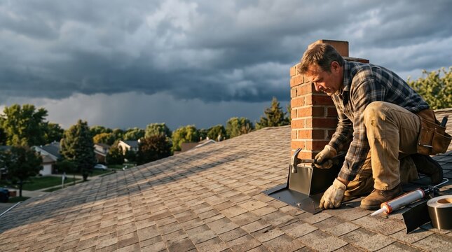tradesman residential roof to repair or install metal flashing around a brick chimney under a dramatic stormy sky.