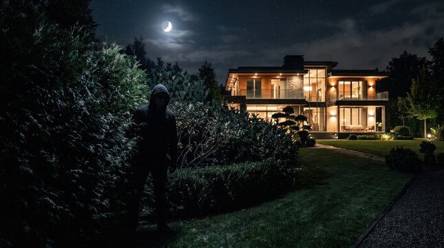 A suspicious hooded figure hiding in the bushes near a modern luxury house at night, home security and risks.
