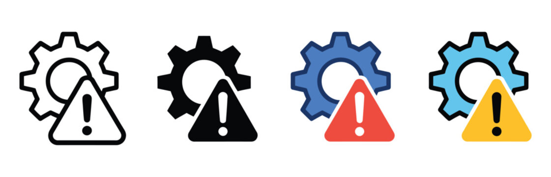 Failure icon set, gear and alert symbols illustrating malfunction, warning notifications, technical problems, machine breakdown, repair services, troubleshooting, and error management.