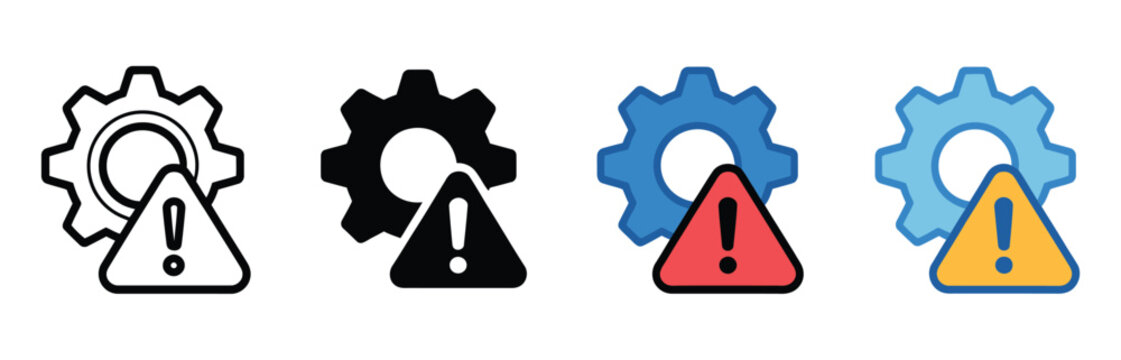 Failure icon set, gear and alert symbols illustrating malfunction, warning notifications, technical problems, machine breakdown, repair services, troubleshooting, and error management.