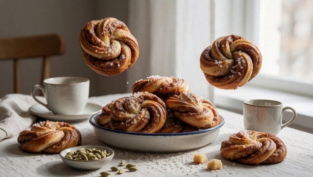 Table white tablecloth window background there blue bowl filled freshly baked bread rolls golden brown have cr