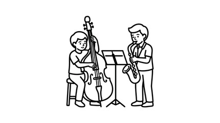 Obraz premium Industrial Style Line Drawing of Two Children Playing Cello and Saxophone with Music Stand with high quality professional line art symbols for modern creative design and digital branding projects