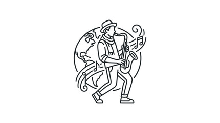 Obraz premium Sleek Black and White Line Drawing of a Musician Playing a Saxophone with a Dog and Musical Notes Surrounding