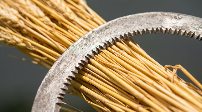Serrated metal sickle blade resting on a bundle of golden wheat stalks