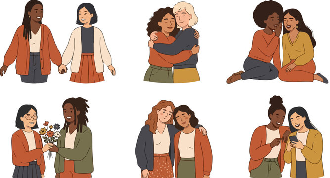 Diverse female friendship vector set, multicultural women hugging and supporting each other, flat illustration of girl friends in autumn colors