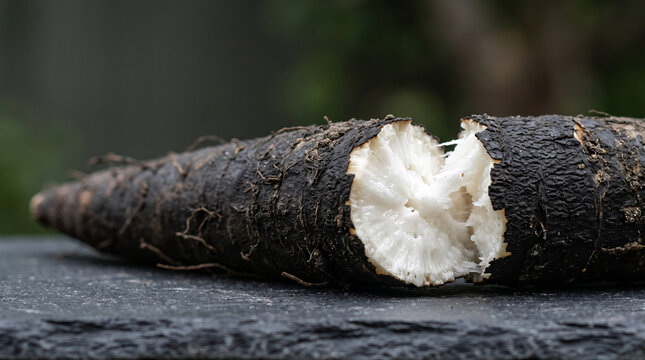 Broken black salsify root vegetable showing white interior flesh