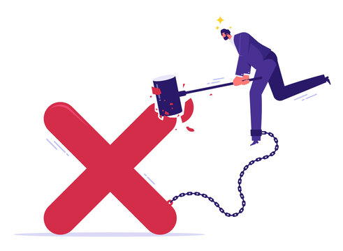 Stop obsessing over mistakes concept, beginner learning from mistake for career growth, overcoming obstacles and failures, businessman uses hammer and smash big cross sign
