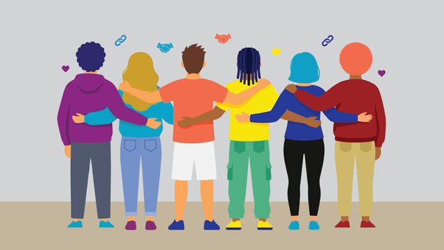 Diverse people standing together with arms around each other back view