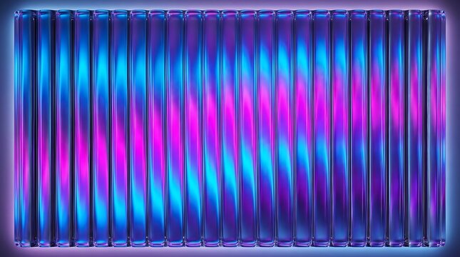 Abstract vertical ribbed panel with neon blue and pink lighting