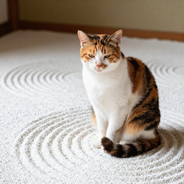 Calico cat on zen garden gravel