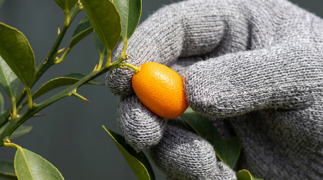 Gloved hand picking a fresh orange kumquat from a thorny branch