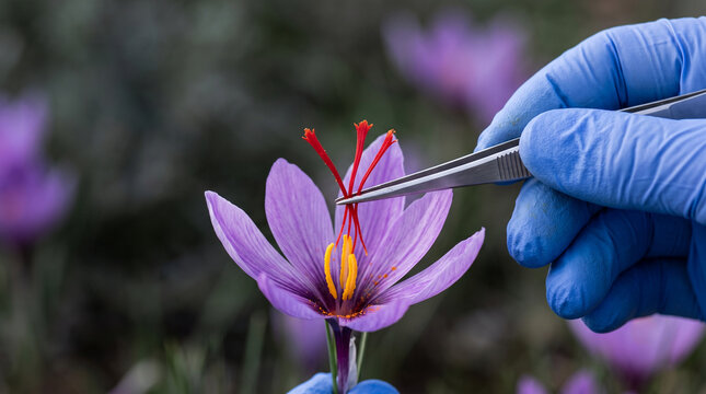 Gloved hand using tweezers to harvest red saffron threads from a crocus
