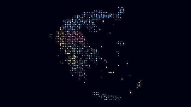 Greece map animation. Shape of the country with pulsating colored dots. Small size circle blocks. Digital style Greece map on dark background. Amazing video.