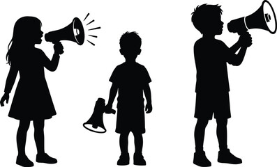 Black silhouettes of three children holding and speaking into megaphones, isolated