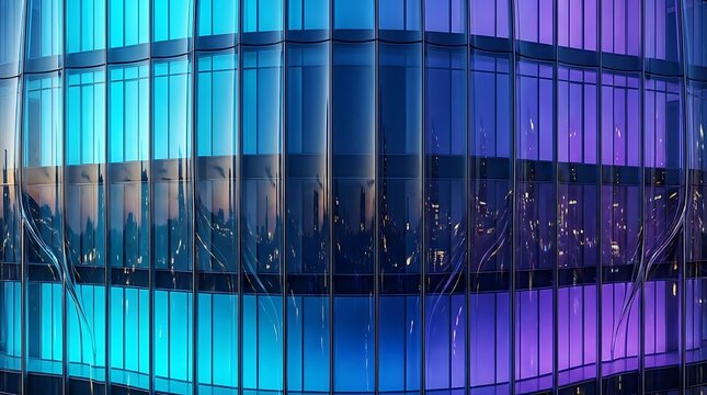 Modern skyscraper facade with blue and purple reflective glass panels