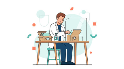 Fototapeta premium Pharmacist prepares medical kit with face masks and sanitizer, offering patient care behind protective screen