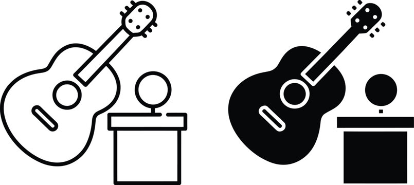 Busking icon pack featuring black musician performance symbols, street entertainment, live music, instruments, and performance vector drawings.