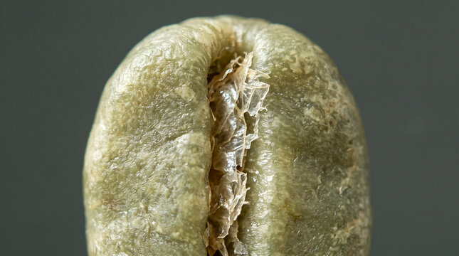 Extreme macro detail of a single raw green coffee bean showing texture