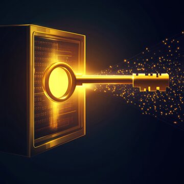 Glowing digital key entering encrypted vault in dark setting