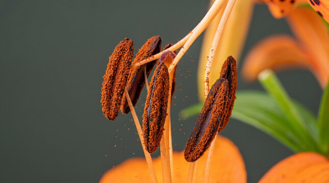 Macro detail of an orange lily flower stamen covered in rust pollen