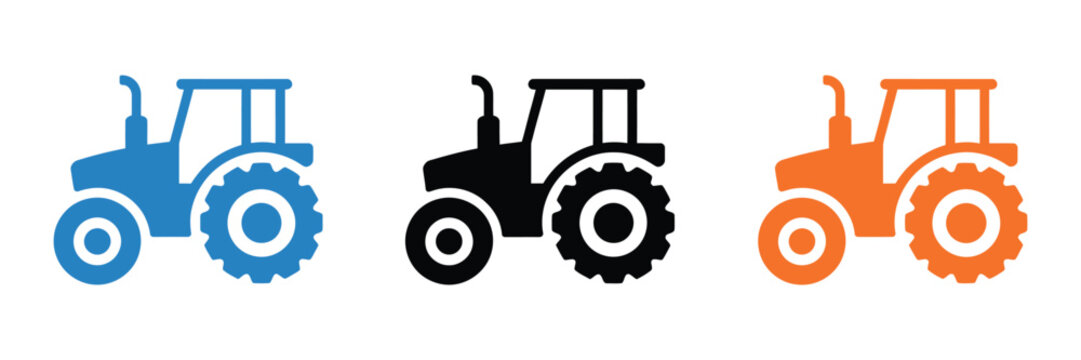 Farm tractor icon set, agricultural machinery symbols, solid outline and sketch style, farming equipment vector illustration.
