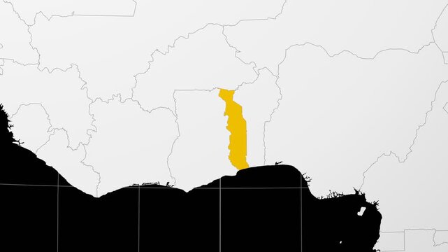 Togo map. Animated zoom into the country on the Globe in Black White color palette. Country logo animation. Map with meridians, parallels. Charming video.