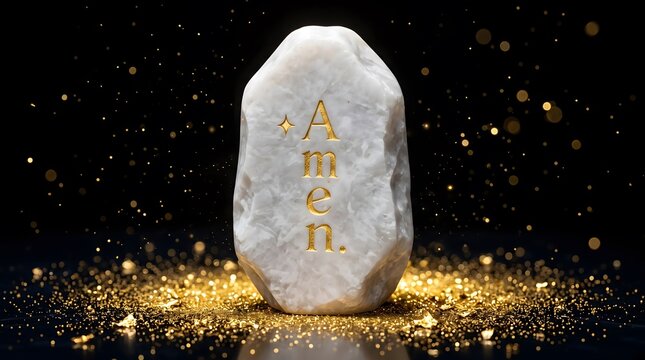White marble stone featuring golden amen inscription surrounded by shimmering dust particles against black background