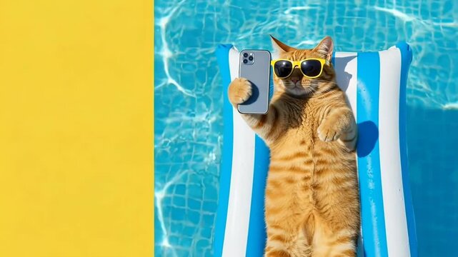 A cool ginger cat relaxing on a pool float and taking a selfie with phone