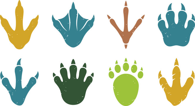 Animal and bird footprint tracks set with textured colorful paw prints, dinosaur, and waterfowl vector