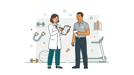 Fototapeta premium Pharmacist Consulting Patient in Fitness Rehabilitation Setting with Medical Equipment