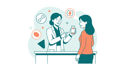 Fototapeta premium Pharmacist Advising Patient on Medication and Health with Icons Representing Care and Energy
