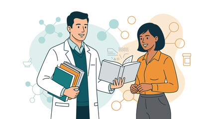 Fototapeta premium Pharmacist counseling patient in pharmacy, discussing medication and healthcare with a smile, medical consultation and advice.