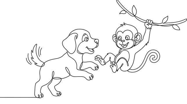 Continuous one line drawing of a playful puppy and a monkey hanging from a tree branch with continuous, minimalist