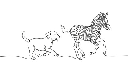 Obraz premium Continuous line art drawing of a puppy chasing a young zebra with continuous minimalist wildlife silhouette creative