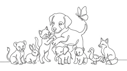 Obraz premium Continuous single line illustration featuring a playful puppy and a group of various baby animals elephant butterfly