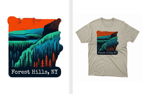 forest hills new york vector illustration of a t-shirt design print, nature and landscape graphic tee