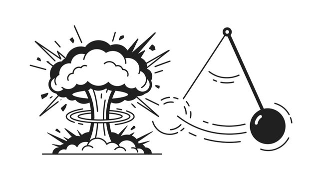 A black and white line art illustration featuring a nuclear explosion next to a swinging pendulum.