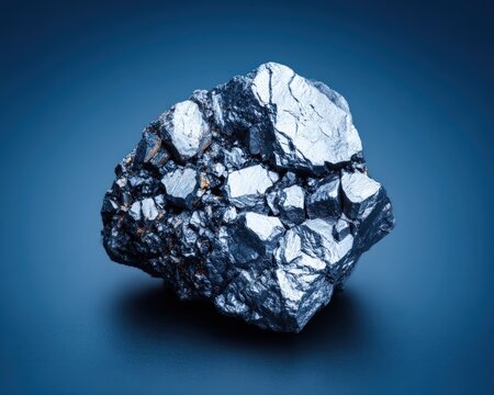 Raw hematite mineral specimen with metallic luster crystalline structure isolated on blue background