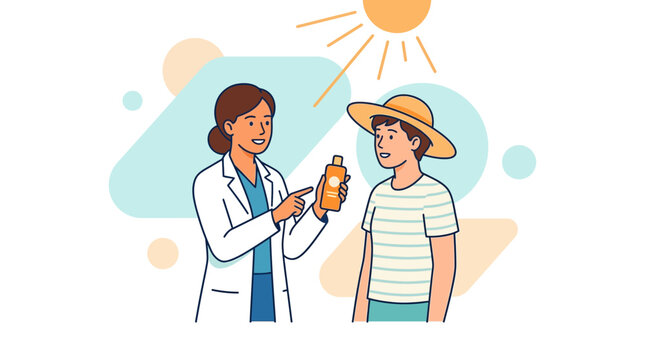 Pharmacist counseling patient on sunscreen use during summer, vector illustration with sun and abstract shapes