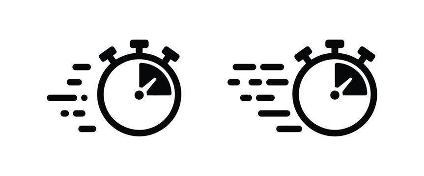 Fast delivery stopwatch icon set, motion lines, quick shipping, express service, countdown timer and speed vector symbols.