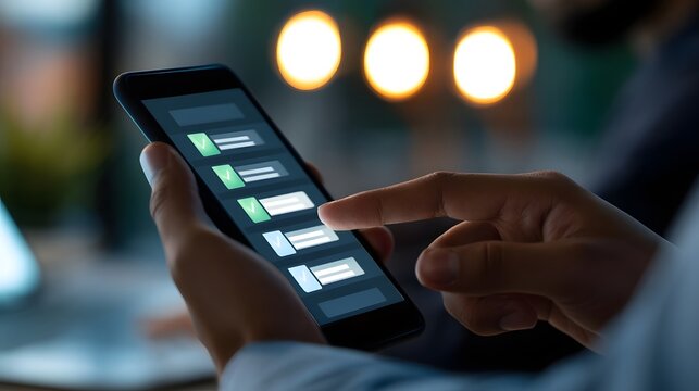 A person interacts with a smartphone displaying a checklist interface with green checkmarks indicating completed tasks or approved settings