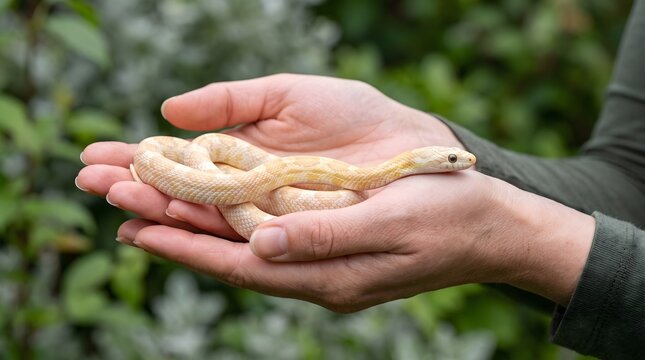 Person holding a small corn snake. Human hands cradling a pet reptile outdoors.