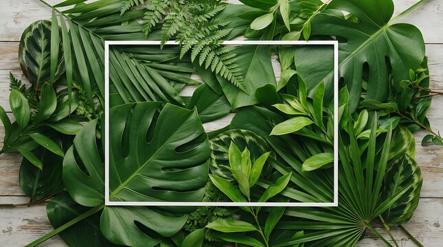 Creative Layout White Rectangular Frame on Green Leaves Background with Copy Space
