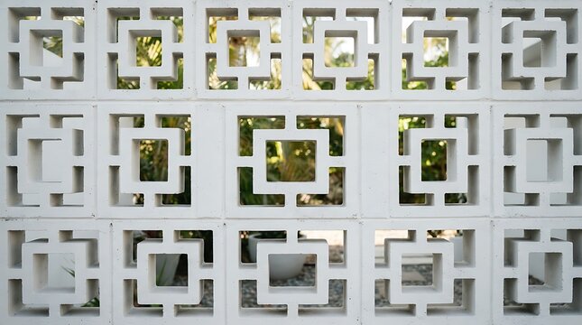 White Painted Concrete Breeze Block Wall with Geometric Square Pattern