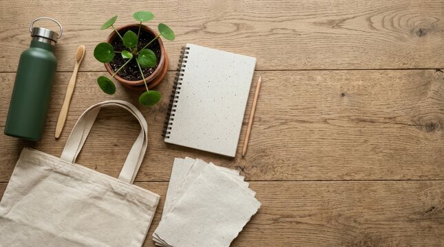 Sustainable lifestyle flat lay with reusable green water bottle and bamboo toothbrush