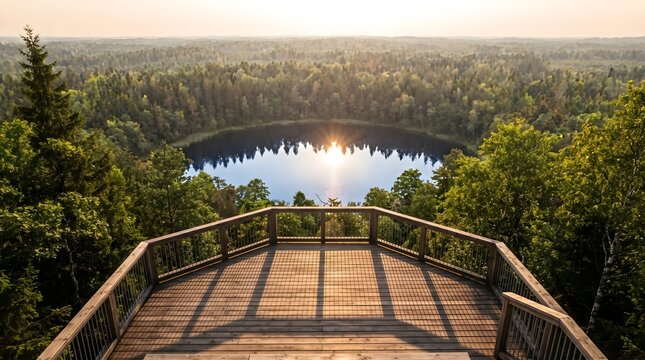 Wooden observation deck in forest. Scenic lookout platform overlooking a lake at sunset.