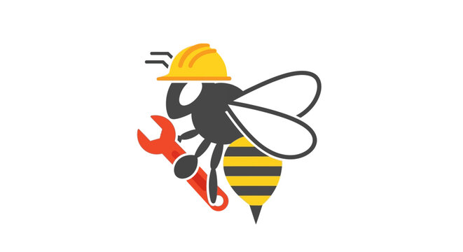 A cartoon bee wearing a yellow hard hat and holding a red metal wrench