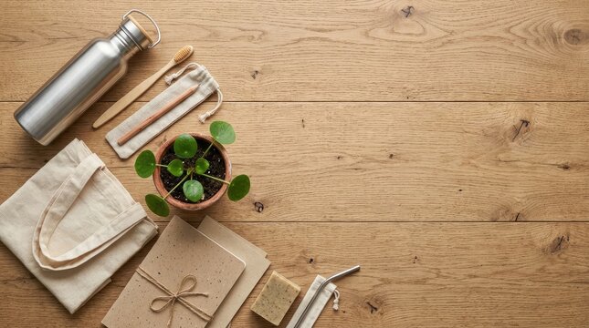 Top down view of sustainable zero waste products on a wooden surface