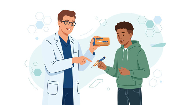 Pharmacist advises a teenager on insulin pen usage and diabetes medication, illustrating healthcare and education.